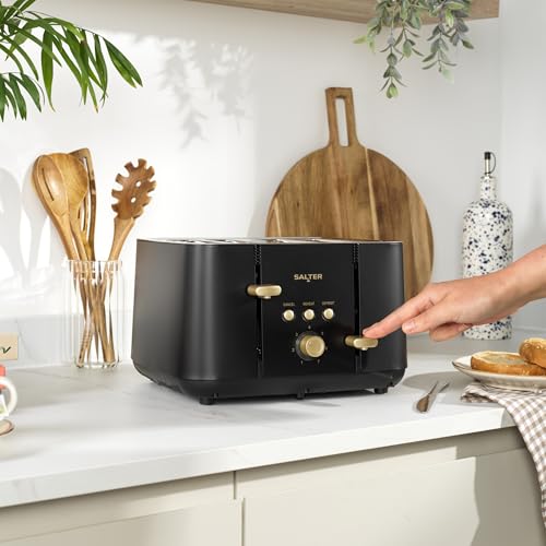 Salter Alchemy 4-Slice Toaster - 7 Levels of Browning, Wide Slots, Defrost, Reheat, Cancel Functions, High-Lift Eject, Removable Crumb Tray, Self-Centring, 1850W, Black/Gold - Image 6