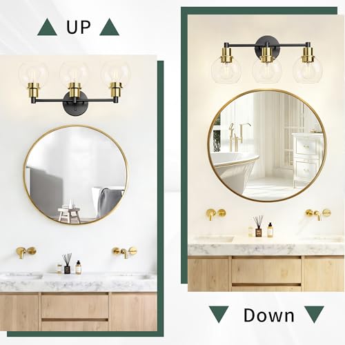 Image of 3 Light Bathroom Light Fixtures, Black and Gold Bathroom Vanity Lights, Modern Vanity Lights 3-Light Globe Bathroom Vanity Lighting Fixture Over Mirror