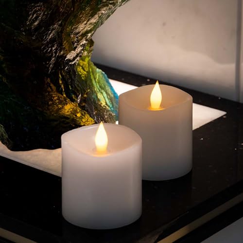 Image of 3x3 Flickering Flameless Candles Set of 2,3 inch Real Wax LED 600 Hours Battery Candles with Timer Remote,Control for Wedding Party Indoor, White