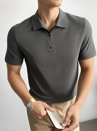 Image of Mack Jonney Ribbed |Regular Fit | Half Sleeves 100% Cotton Polo Neck Self Design with Zip T-Shirt for Men-M826
