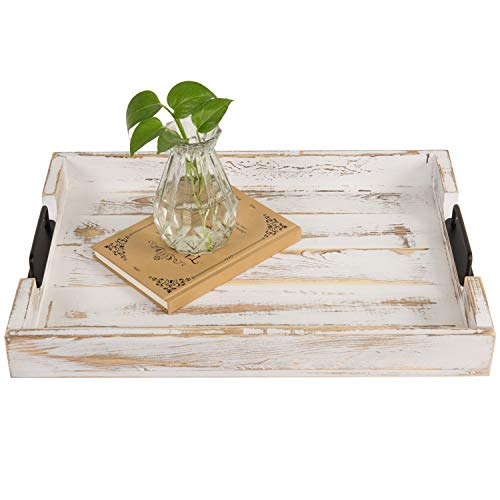 MyGift 20-inch Shabby Chic Whitewashed Solid Wood Serving Tray with Black Metal Handles