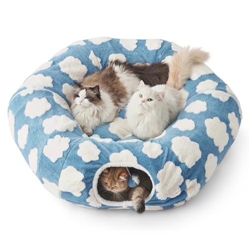 Image of Lesure Large Cat Tunnel Bed - Cute Donut Bed for Indoor Cats with Washable Circle Cushion, Round Pet Peekaboo Cave Toy for Multi Kitten /Puppy /Rabbit, Large Cozy Clouds Blue