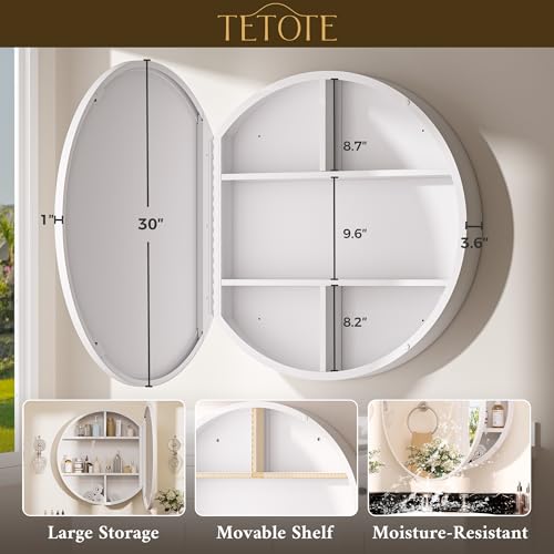 Image of TETOTE Bathroom Mirror Cabinet 30 x 30 White Round Bathroom Medicine Cabinet with Mirror Adjustable Shelves Farmhouse Wall Mirror with Storage Surface Mounted