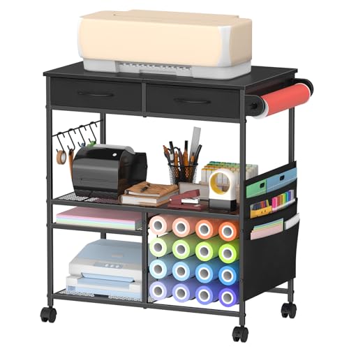 VEOSIR Craft Cart with Vinyl Roll Holder Organizer & Storage Table for Cricut Machine with Drawer Mobile Craft Organization and Storage Cart Crafting Table Accessories Holder for Craft Room Black