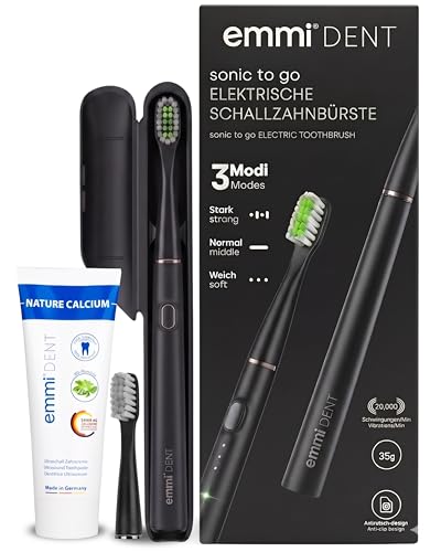Emmi-dent Schallzahnbürste kabellos Reisen mit 25 Tage Laufzeit elektrische Zahnbürste mit 3 Putzmodi 20.000 Schwingungen/Min Reisezahnbürste mit Etui Zahncreme & 2 Bürstenköpfen sonic to go