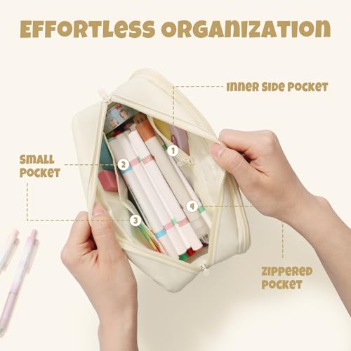 Image of SUNEE Pencil Case, Large Capacity Pencil Pouch, Aesthetic Big Pen Bag 900D Oxford Pen Box for Office Stationery Organizer School Supplies Multifunctional for Teen Boys Girls Women Men, Beige