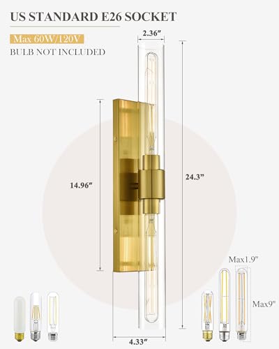 Image of HWH Brushed Gold Wall Sconces Set of 2, 2-Light, 5HY104B-2W-2PK BG | Wall Mounted, Vertical and Horizontal Mounting, Vanity Light Bar, 24-Inch Bathroom Vanity Lights Over Mirror, For Bedroom