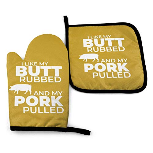 Butt Rubbed Pork Pulled Yellow Personalized Hot Pads and Oven Mitts Sets for Kitchen with Hanging Loop Heat Resistant Up to 356 Degrees F to Protect HandsDurable for Handling CookwareEasy to Clean