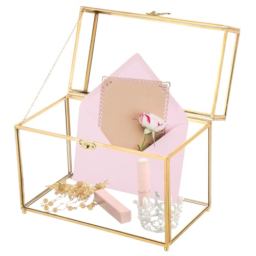 MAOPINER Joyero de cristal dorado vintage, 10 x 5.7 x 7.8 pulgadas, organizador decorativo de cristal con tapa, diseño rectangular transparente para anillos, pulseras, aretes