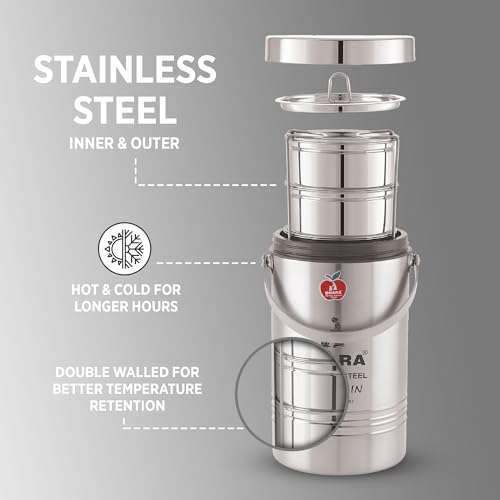 Image of Dhara Stainless Steel Insulated Tiffin Carrier 4 Container Lunch Box 1300ml, Leak Proof Steel Compartment Tiffin with Handle for Office & Travel