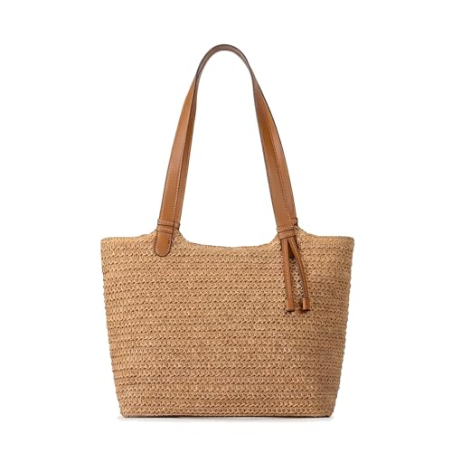 Bolso de playa de paja para mujer con cierre y correa de hombro miniatura 1