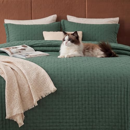 Image of Bedsure Quilts Queen Size - Dark Green Bedspread Queen Size & Lightweight Comforter, Modern Coverlet with Clover Pattern, Ultra Soft All-Season Bedding, 90 x 96 Inches