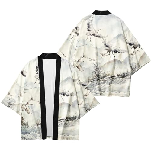 Image of DOSLAVIDA Men's Japanese Kimono Cardigan Suit Chinese Style Printed Jacket Pants Set Open Front Seven Sleeve Top & Shorts
