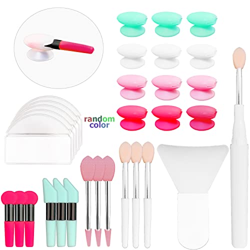 lip spatula - 31 pcs Silicone Lip Brushes with Anti-lost Cover and EVA Bag, Cosmetic Makeup Spatula Face Mask Applicator Brush Beauty Lipstick Brushes Eyebrow Eye Shadow Brushes with Suction Cup Cap - Random Color