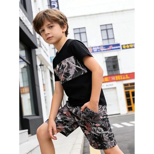 Image of Size 6-12 Years Boys Summer Outfits Set Kids Short Sleeve Top T-Shirt & Shorts Color Block Clothing Sets