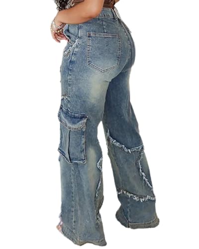 Women's Cargo Jeans Mid Rise Loose Fit Star Patchwork Raw Edge Straight Leg Denim Pants2