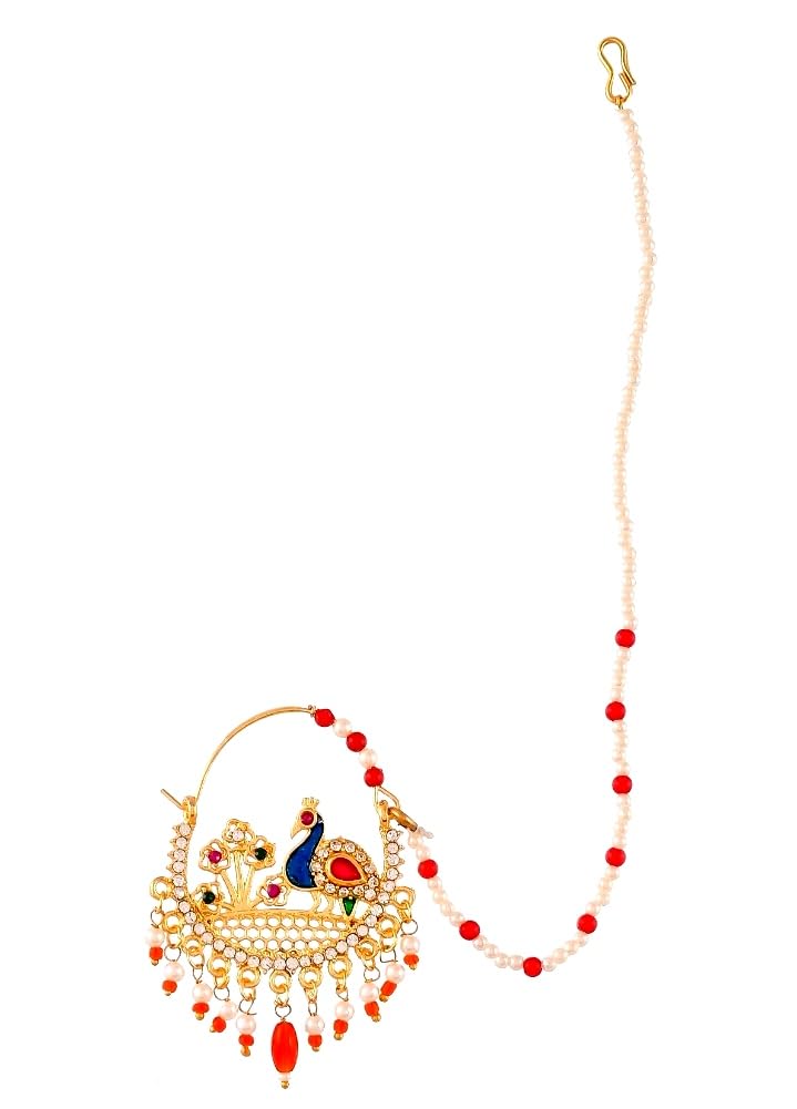 NIKYANKA Traditional gold plated goldan green red bridal jewellery nose ring peacock nathiya jodha nath for girls and womens (B0CJVSDYV3) Amazon Price History, Amazon Price Tracker