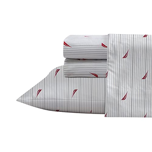 Nautica- Queen Sheet Set, Cotton Percale Bedding Set, Crisp & Cool, Lightweight & Breathable (Audley Stripe Red, Queen) - Image 2