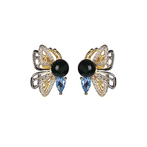 Boucles d'oreilles ambre bleu mexicain argent sterling plaqué or papillon de luxe