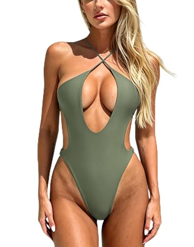 Image of HYPERFIRE Women's Sexy Criss Cross Halter Bathing Suit Cut Out Backless Monokini Swimsuits One Piece