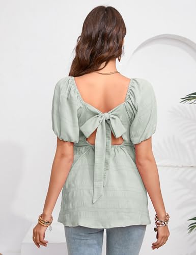 KOJOOIN Stillshirt Damen Kurzarm Oberteile für Schwangere Umstandsshirt Schwangerschaftsshirt Rückenfrei Umstandsmode mit Schleife Hellgrün M