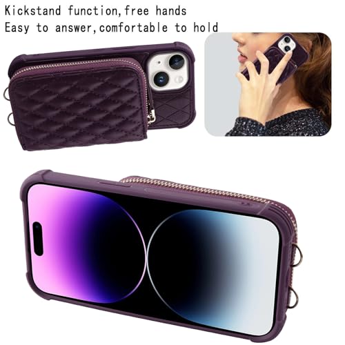 Image of MONASAY Zipper Wallet Case Compatible for iPhone 15 Plus /14 Plus,[Screen Protector][RFID Blocking] Flip Leather Handbag Phone Cover with Card Holder and Crossbody Lanyard Strap, Purple