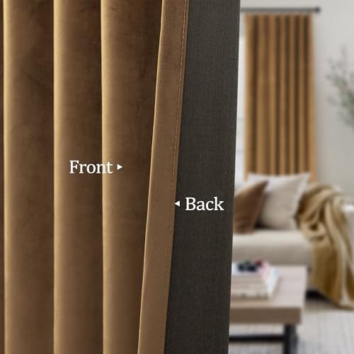 Image of Pitalk Velvet Room Darkening Curtains Gold Brown for Living Room Divider Silk Satin Textured Thermal Soundproof Noise Reducing Drape for Master Bedroom Aesthetic Office Back Tab 72 Inch Length 2 Panel