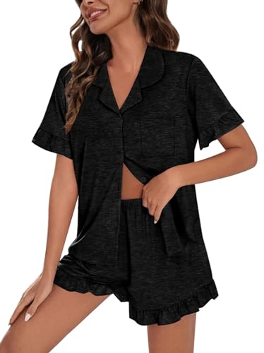 Image of SWOMOG Woman Pajama Set Short Sleeve 2Pcs Soft Modal Sleepwear Button Down Ruffle Hem Pj Set Black Grey Large Loungeset