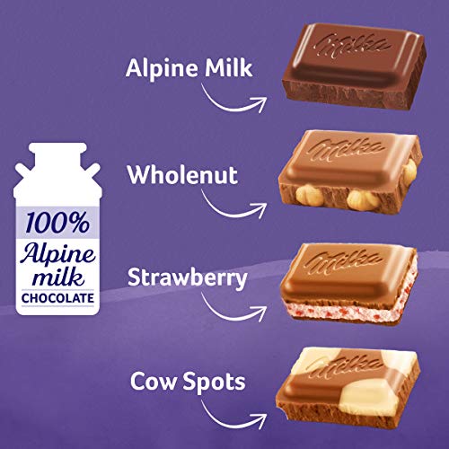 Image of Milka European Chocolate Bars Variety Pack, Alpine Milk Chocolate, Cow Spots, Strawberry & Wholenut Hazelnut, 3.52 oz Bars, 10 Count (Pack of 2)