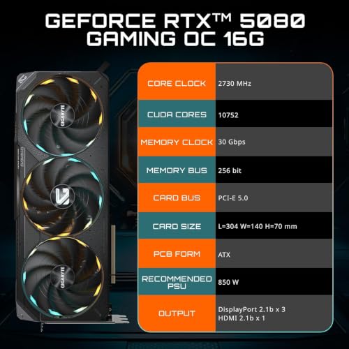 Image of GIGABYTE Geforce RTX 5080 Gaming OC 16G Graphics Card, WINDFORCE Cooling System, 16GB 256-Bit GDDR7, pci e x16 GV-N5080GAMING OC-16GD Video Card