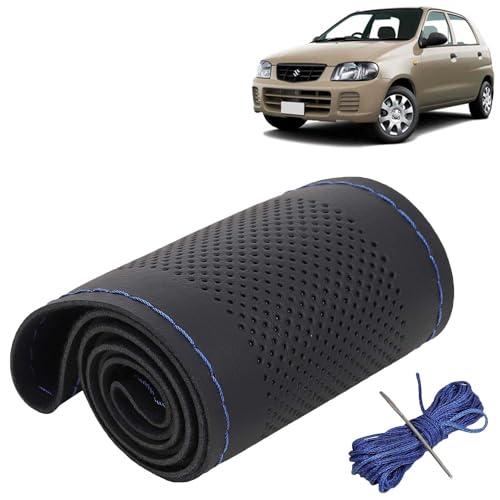 Image of KINGSWAY PU Leatherite Car Steering Cover Sewable Compatible with Maruti Suzuki Alto 800 (Year 2000-2012), Black Color with Blue Thread, Pack of 1 with Sewing Needle and Thread