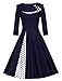 JIER Damen 50er Jahre Vintage Langarm KleidRockabilly Kleid Knielang Festlich Kleid Faltenrock mit Gepunkt Elegant A-Linie Petticoat Kleid Cocktailkleid (Dunkelblau,X-Large)
