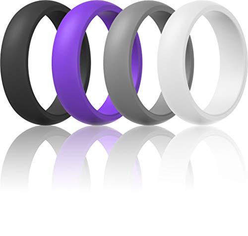 Womens Silicone Wedding Ring Band - 4 Rings Pack - 5.5mm Wide (2mm Thick)(Purple, Grey, Black, White, 10.5-11 (20.6mm))