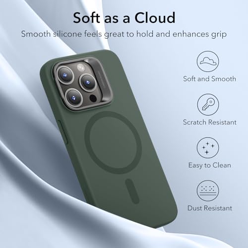 Image of ESR for iPhone 15 Pro Max Case, MagSafe Silicone Case with Stand, Military-Grade Protection, Built-in Camera Stash Stand, Magnetic Phone Case for iPhone 15 Pro max, Cloud Series,Green