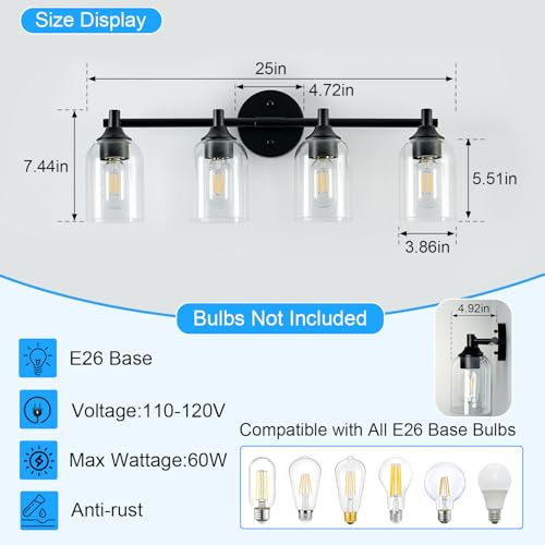 Image of Modern Black 4-Light Bathroom Vanity Light Fixtures with Clear Glass Shade - Wall Lamp for Mirror, Kitchen, Living Room, Hallway, Cabinet, Porch (E26 Base)