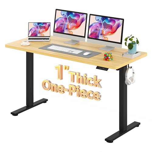 Image of SANODESK Electric Standing Desk 60 x 24 Inches Whole-Piece Desktop Height Adjustable Stand Up Desk w /6-Button Controller Ergonomic Computer Desk for Home Office, Black Frame + Natural Tabletop
