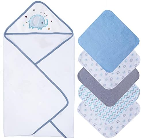 saftan Baby Bath Hooded Towels Set with 5 Baby Washcloths, Super Soft and Absorbent Baby Towel and Face Cloths for Newborn, Baby Essentials for Newborn Boys and Girls