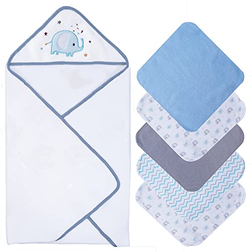 Image of saftan Baby Bath Hooded Towels Set with 5 Baby Washcloths, Super Soft and Absorbent Baby Towel and Face Cloths for Newborn, Baby Essentials for Newborn Boys and Girls, Elephant&Star