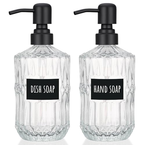 Image of Segbeauty 15.2oz Glass Soap Dispenser Refillable, 2pcs Empty Bathroom Hand Soap Dispenser with Stainless Steel Pump, 450ml Clear Lotion Pump Bottle with Labels, Vintage Shampoo and Conditioner Bottle