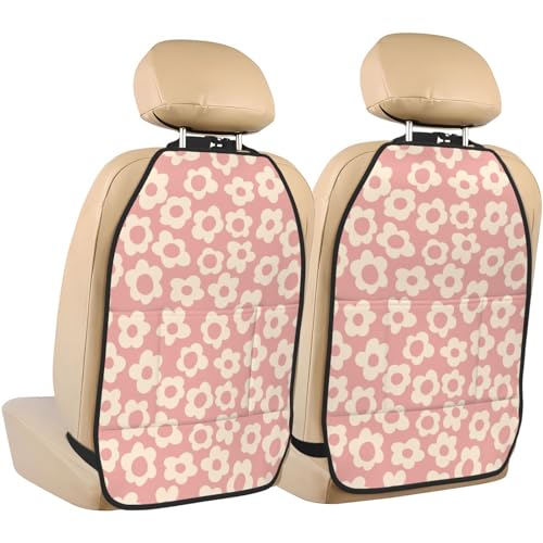 Image of Vintage Pink Flower Car Seat Back Kick Protectors,2 Pack Kick Mats with Storage Pockets for Vehicles to Protect from Dirt, Mud & Scratches