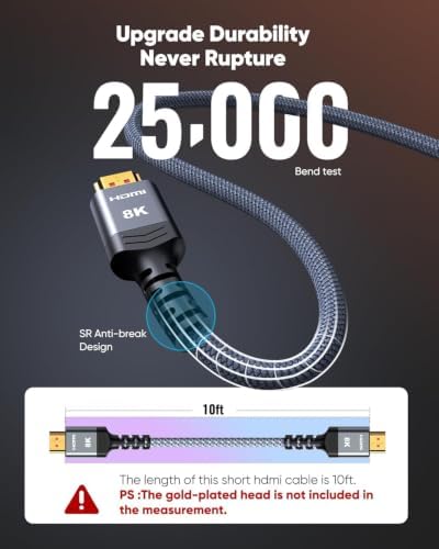 Highwings 8K@60 HDMI Cable 10FT/3M, Certified 48Gbps 2.1 Ultra High Speed | HDMI Braided Nylon 4K120 144Hz RTX 3090 eARC HDR10 4:4:4 HDCP 2.2&2.3 Compatible for PS5, PS4, UHD TV and PC