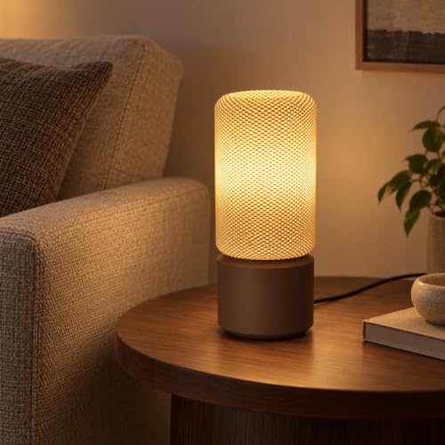 Image of Round Table Lamp | Table Lamp for Bedroom, Living Room and Study Room | Modern LED Bedside Table Lamp for Home Decor | Off-White and Dark Brown | 29.5 x 13 x 13 cm (Without Bulb)