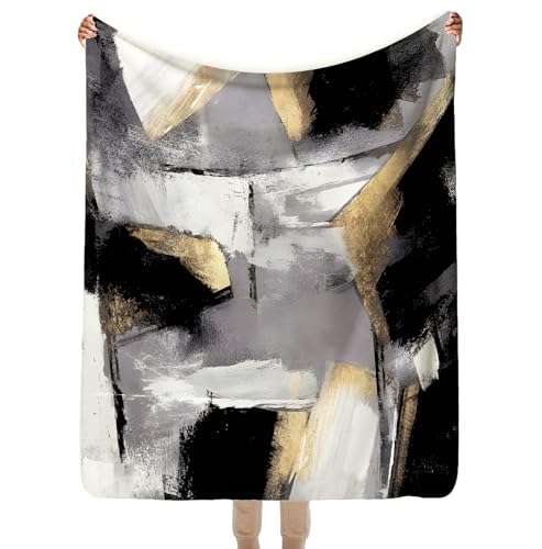 SPBL&L Gold and Black White Abstract Blanket, Minimalist Modern Ink