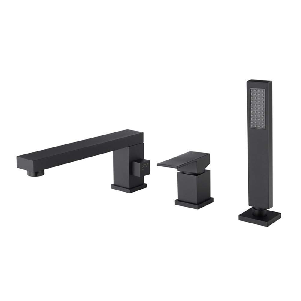 CWCQGH Bathtub Faucet with Shower, Contemporary Roman Tub Ceramic Valve Brass Bath Shower Mixer Taps Single Handle Three Holes Bathtub Taps with Shower Mixer Set,Waterfall,Black