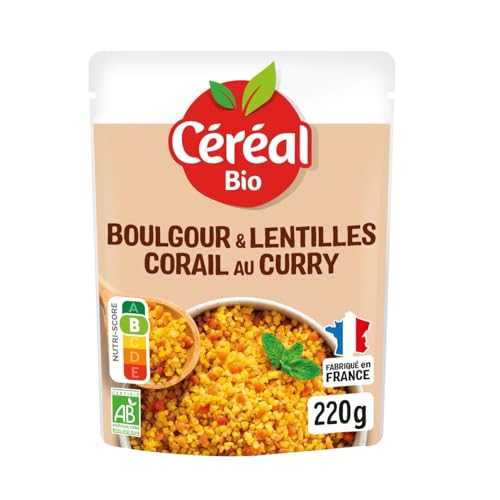 CÉRÉAL BIO – Boulgour & Lentilles Corail au Curry Bio – Source de Protéines et Fibres – Prêt en 1 Minute – Sans Colorant ni Conservateur – 220 g