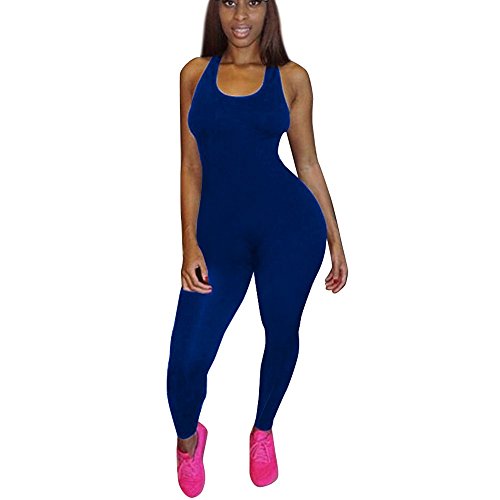 Sport Jumpsuit, Women Sleeveless Vest Bodycon Romper Club Bodysuit Long Pants (S, Blue)