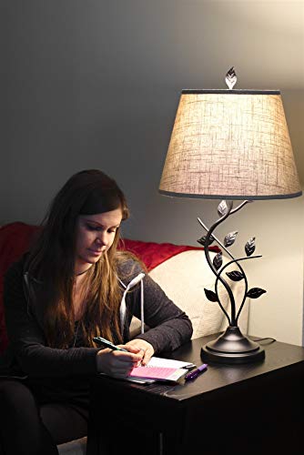 Kira Home Ambrose 31" Traditional Rustic Table Lamp + Beige Fabric Shade, Leaf Detailed Body, 7W Led Bulb (Energy Efficient, Eco-Friendly), Matte Black Finish #TOP2