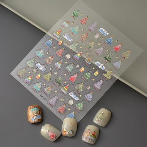 Image of Christmas Tree Nail Art Stickers 5D Embossed Self Adhesive Colorful Nail Decals Gold Point Nail Sticker for Nails Art Design for Women Girls Christmas Supplies Manicure Decorations Accessories