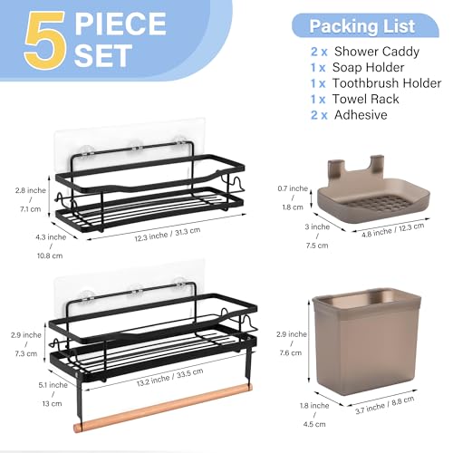 WILLKOMMEN Adhesive Shower Caddy - 2 Pack Premium Shower Shelves No Drill Large Capacity Stainless Steel Wall Shelf - Easy Mount Bathroom Shelves Shower Organizer - Black