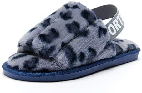 Weytua Women Slippers with Strap Memory Foam Fur Fluffy Fuzzy Indoor Outdoor House Slipper Sandal Open Toe Breathable Warm Comfy Slipper Women Airy Lightweight Slip-on Slide Blue Leopard Size 8.5 9 10